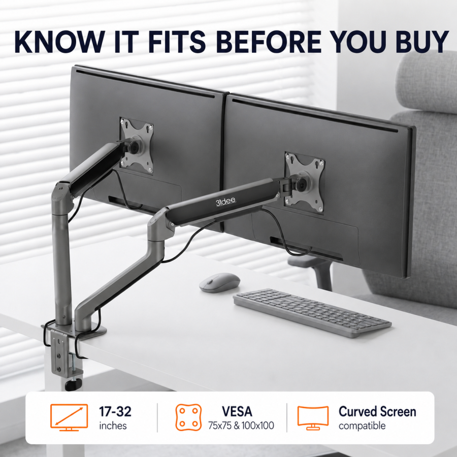 3IDEE Flexi-Lite Dual Monitor Arm - 2 Monitors - [17-32" / up to 9kg per arm] - Stepless Height Adjustment